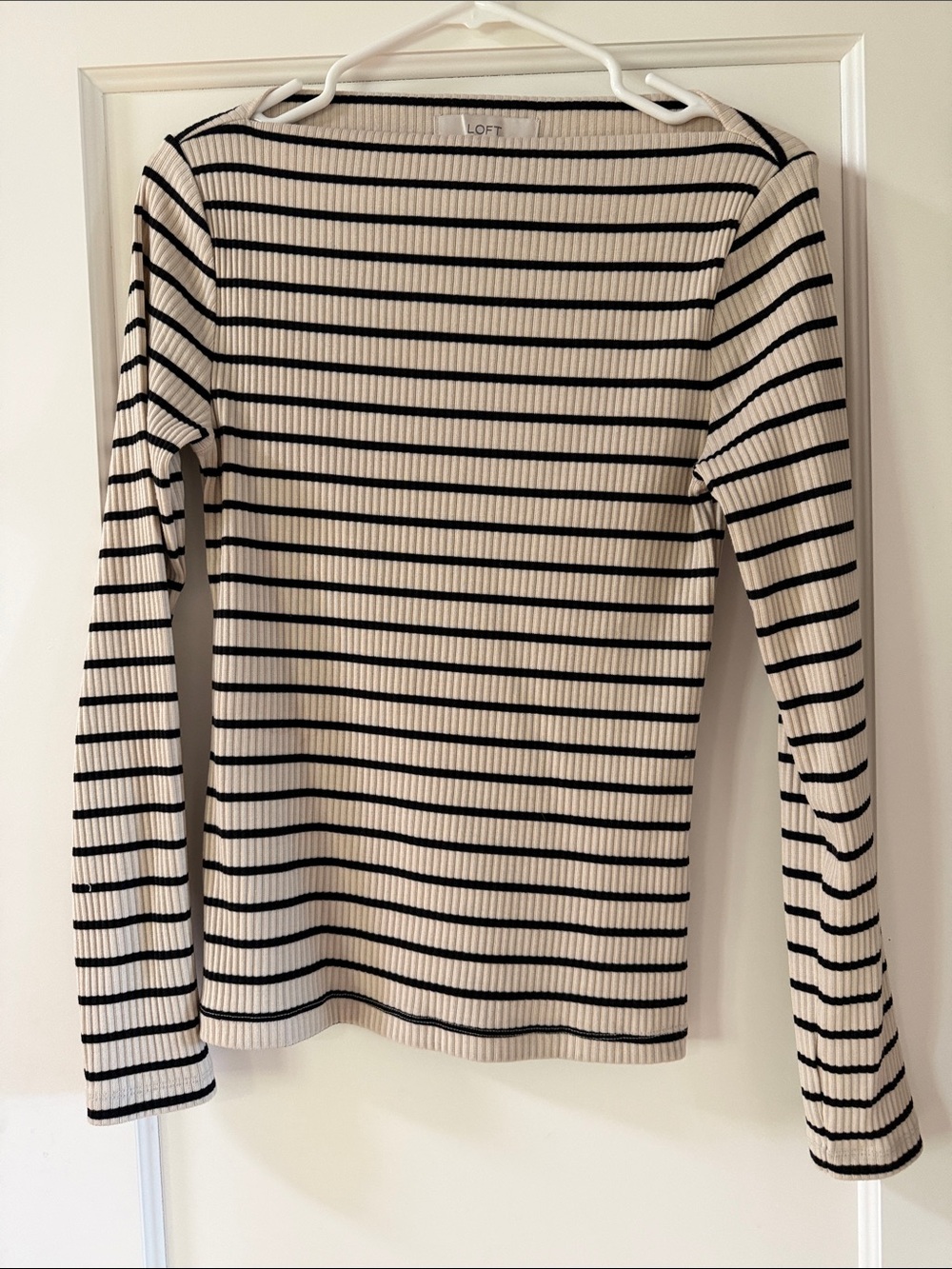 LOFT Cream and Black Ribbed Striped Long Sleeve Top
